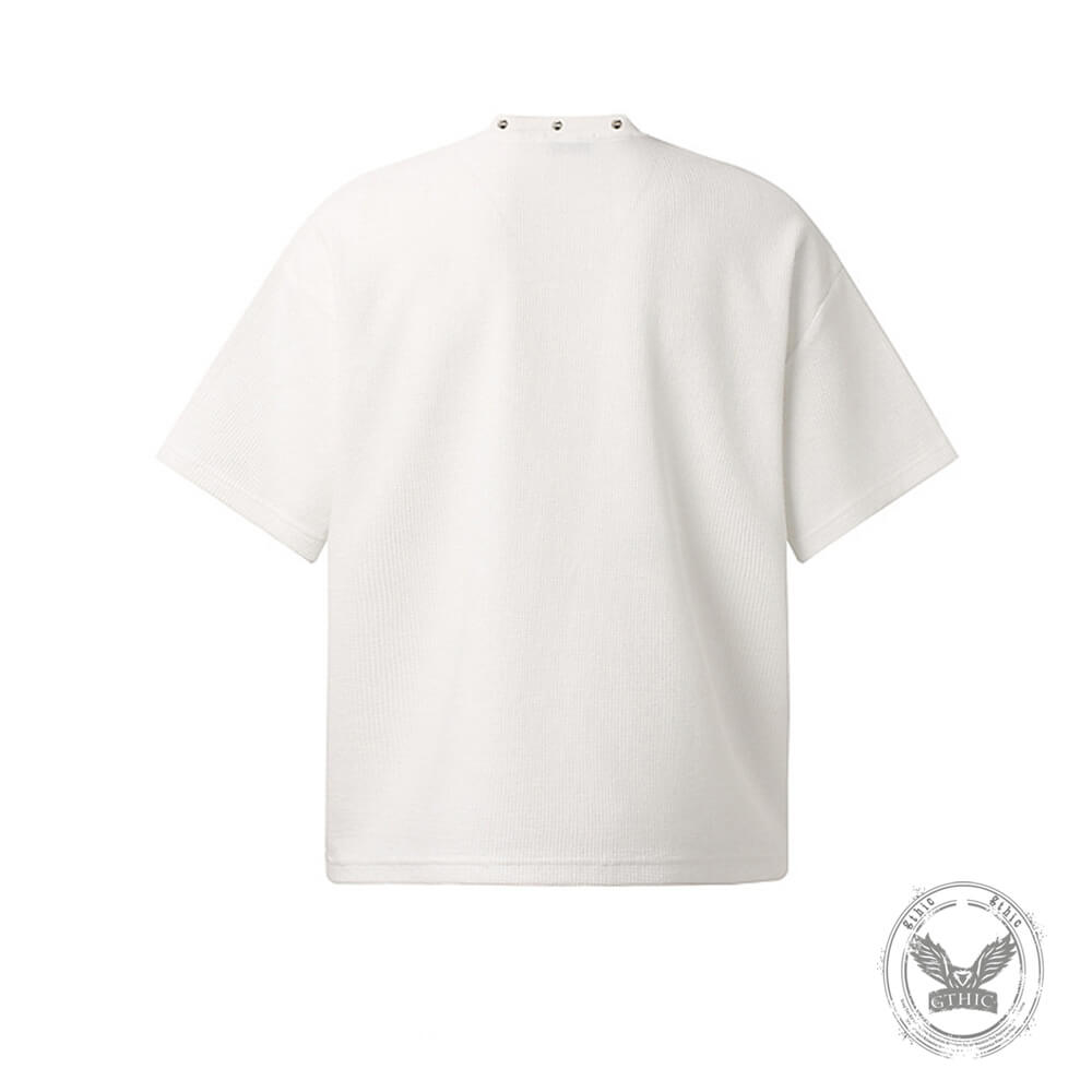 Vintage Distressed Cross-Print Waffle-Knit Loose T-Shirt