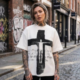 Vintage Distressed Cross-Print Waffle-Knit Loose T-Shirt | Gthic.com