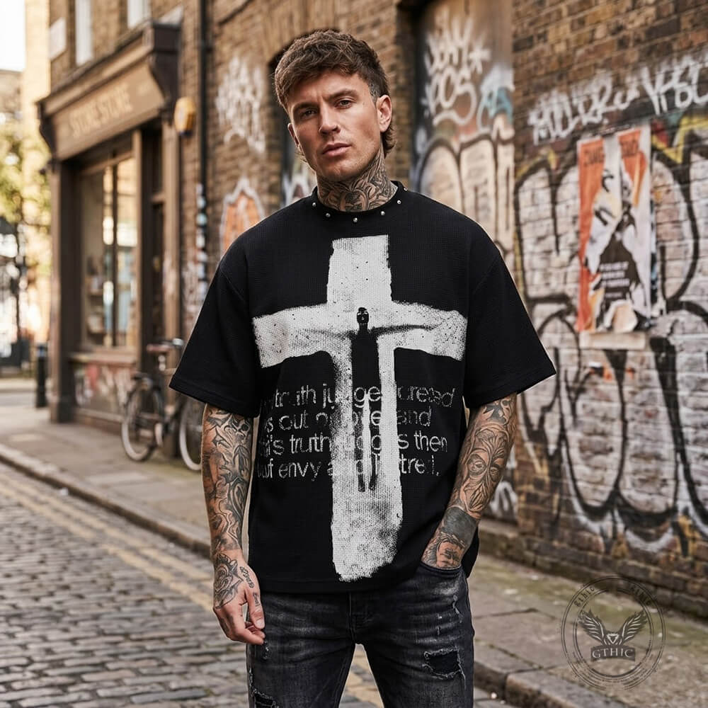 Vintage Distressed Cross-Print Waffle-Knit Loose T-Shirt | Gthic.com