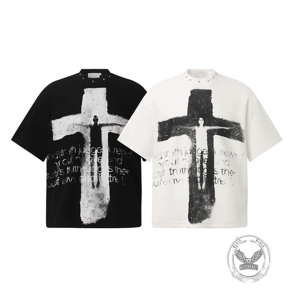 Vintage Distressed Cross-Print Waffle-Knit Loose T-Shirt