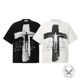 Vintage Distressed Cross-Print Waffle-Knit Loose T-Shirt