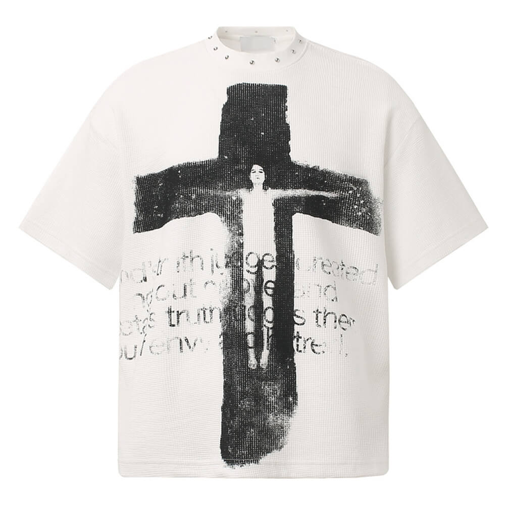 Vintage Distressed Cross-Print Waffle-Knit Loose T-Shirt | Gthic.com