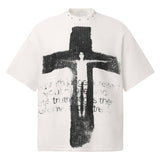 Vintage Distressed Cross-Print Waffle-Knit Loose T-Shirt | Gthic.com