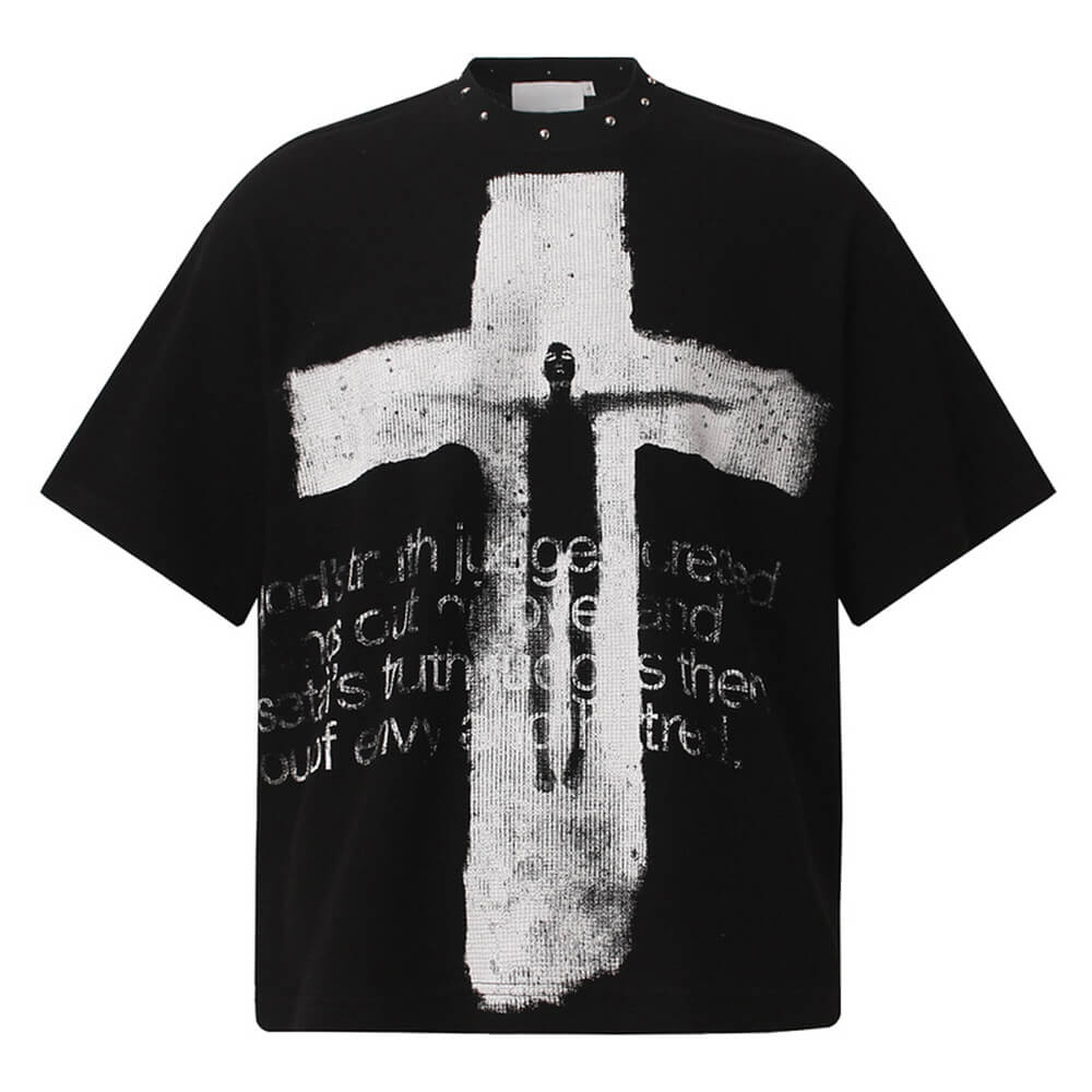 Vintage Distressed Cross-Print Waffle-Knit Loose T-Shirt