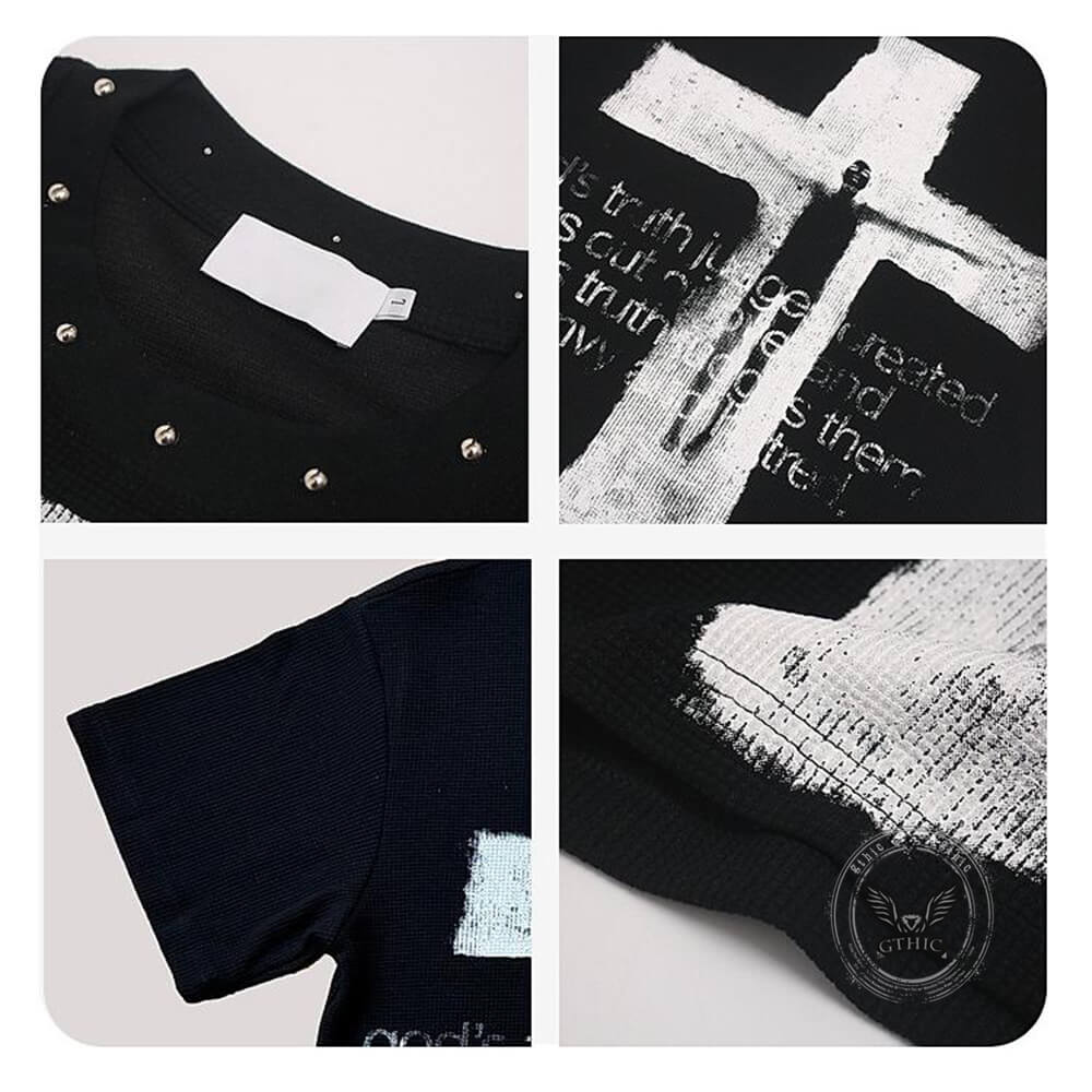 Vintage Distressed Cross-Print Waffle-Knit Loose T-Shirt