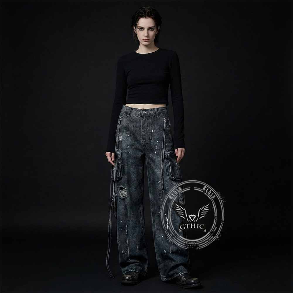 Vintage Distressed Dirty Multi-Pocket Baggy Jeans