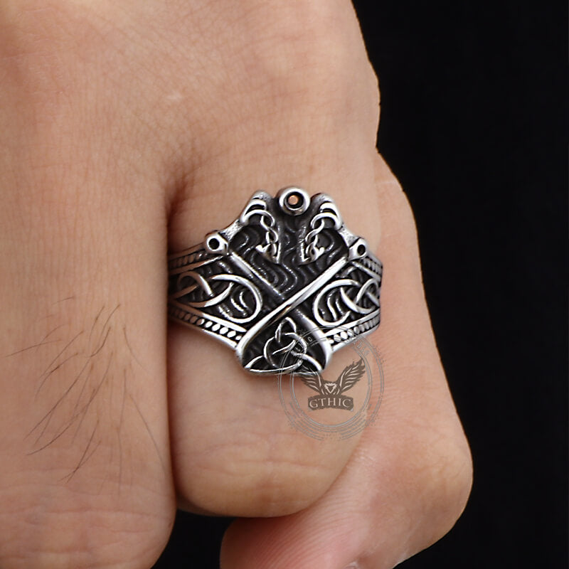 Vintage Double Axe Celtic Knot Stainless Steel Viking Ring