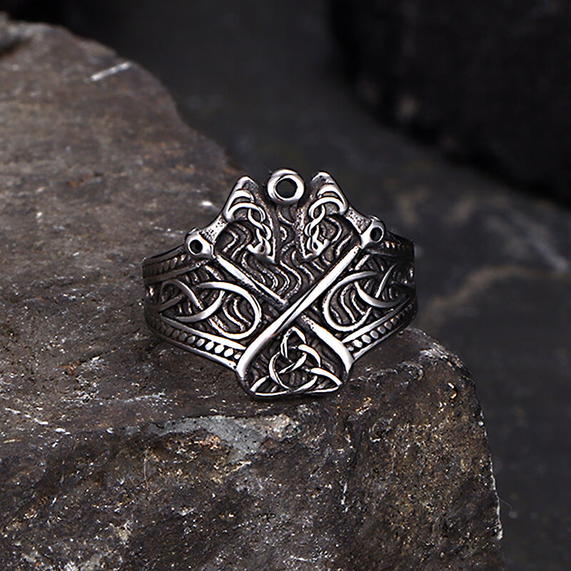Vintage Double Axe Celtic Knot Stainless Steel Viking Ring