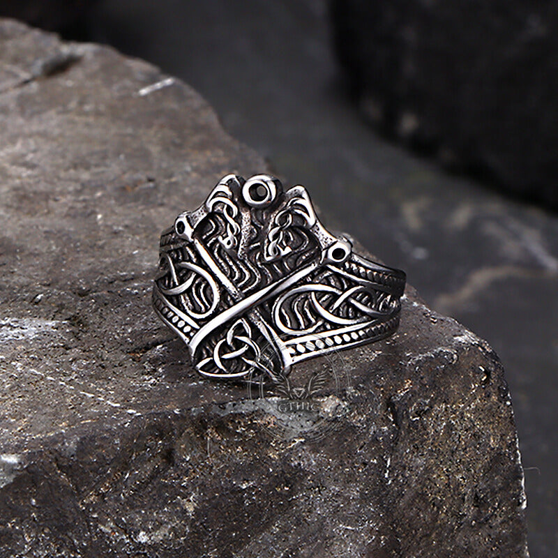 Vintage Double Axe Celtic Knot Stainless Steel Viking Ring