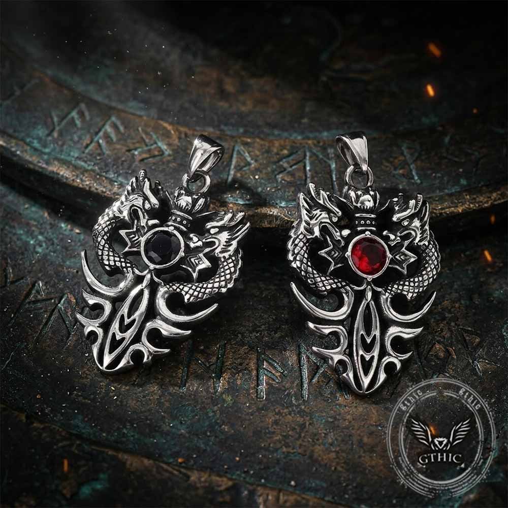 Vintage Double Dragon Gem Sword Stainless Steel Pendant | Gthic.com