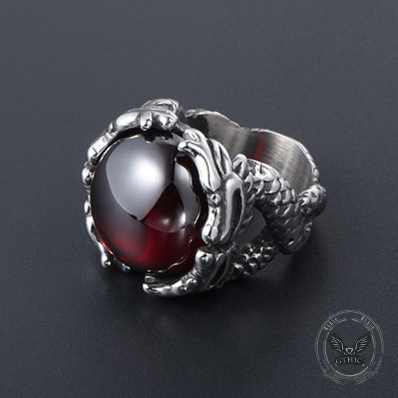 Vintage Double Dragon Playing with Gemstone Stainless Steel Ring 02|Gthic.com