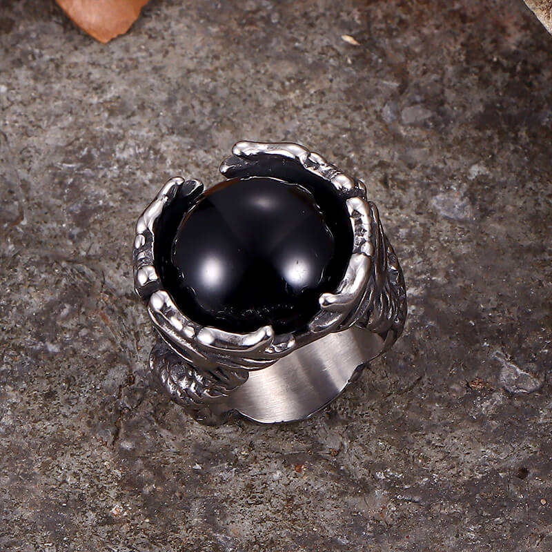 Vintage Double Dragon Playing with Gemstone Stainless Steel Ring