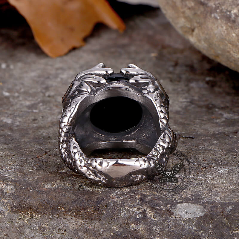 Vintage Double Dragon Playing with Gemstone Stainless Steel Ring