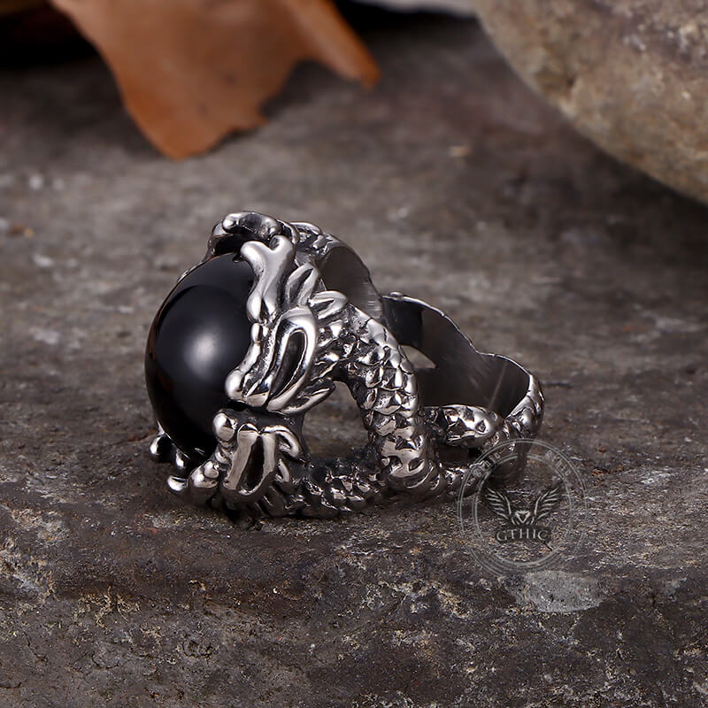 Vintage Double Dragon Playing with Gemstone Stainless Steel Ring