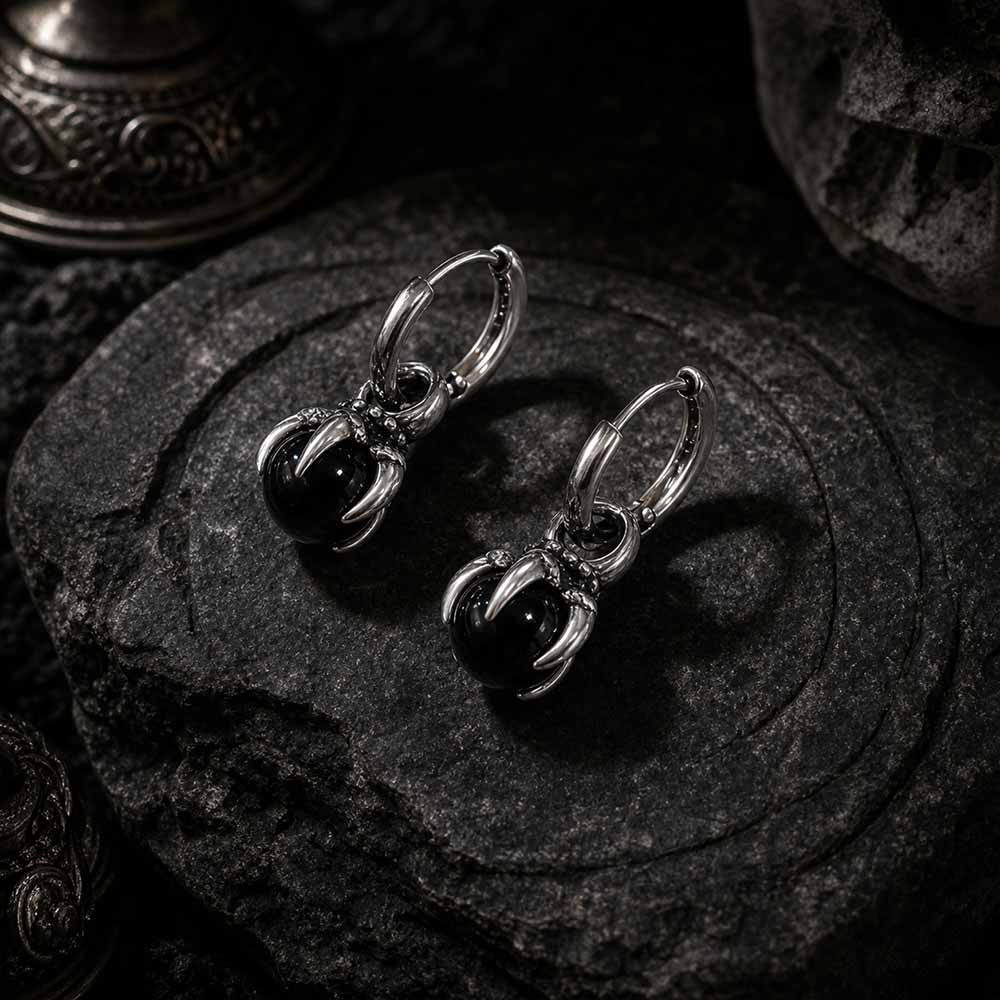 Vintage Dragon Claw Black Agate Stainless Steel Earrings | Gthic.com