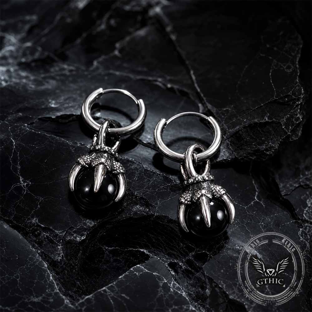 Vintage Dragon Claw Black Agate Stainless Steel Earrings