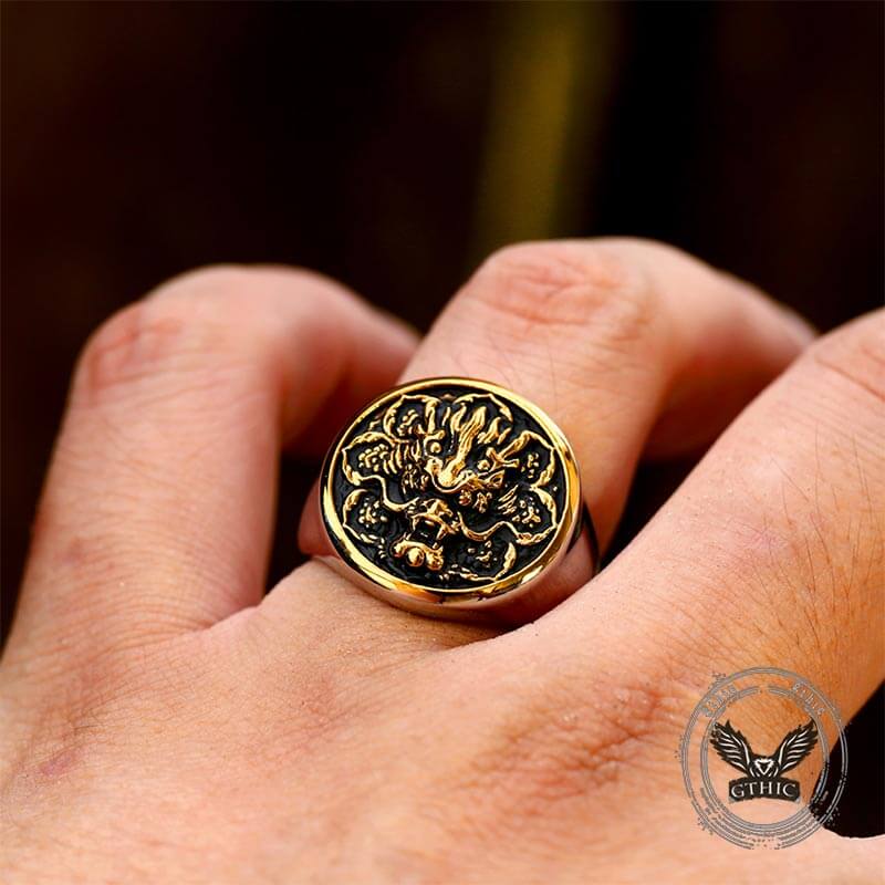 Vintage Dragon Head Pattern Stainless Steel Ring 02 | Gthic.com