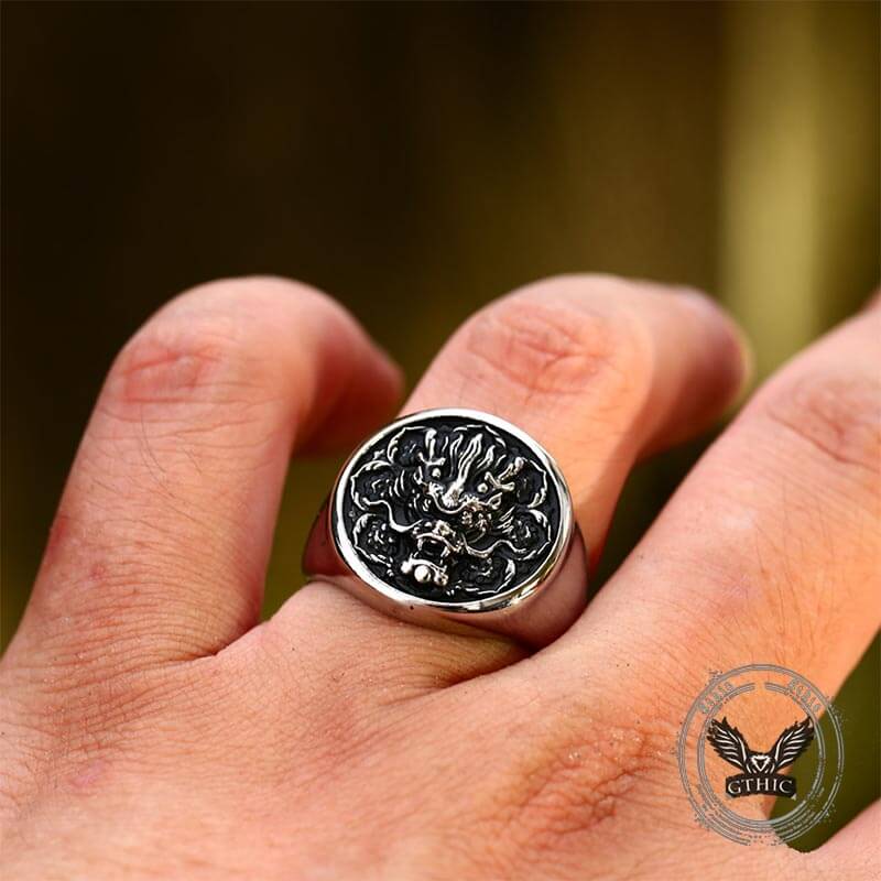Vintage Dragon Head Pattern Stainless Steel Ring 03 | Gthic.com