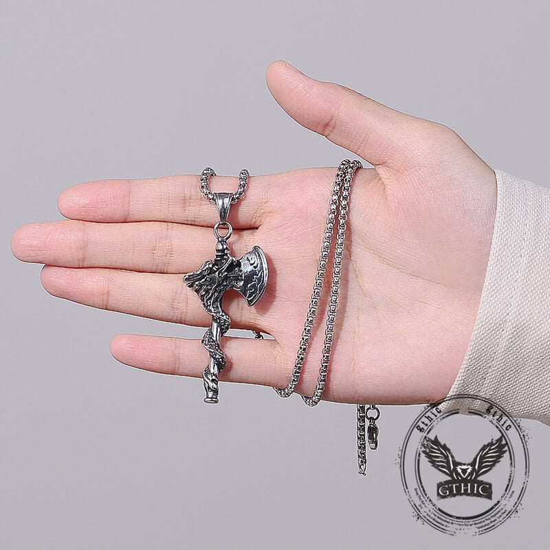 Vintage Dragon Tomahawk Stainless Steel Viking Pendant