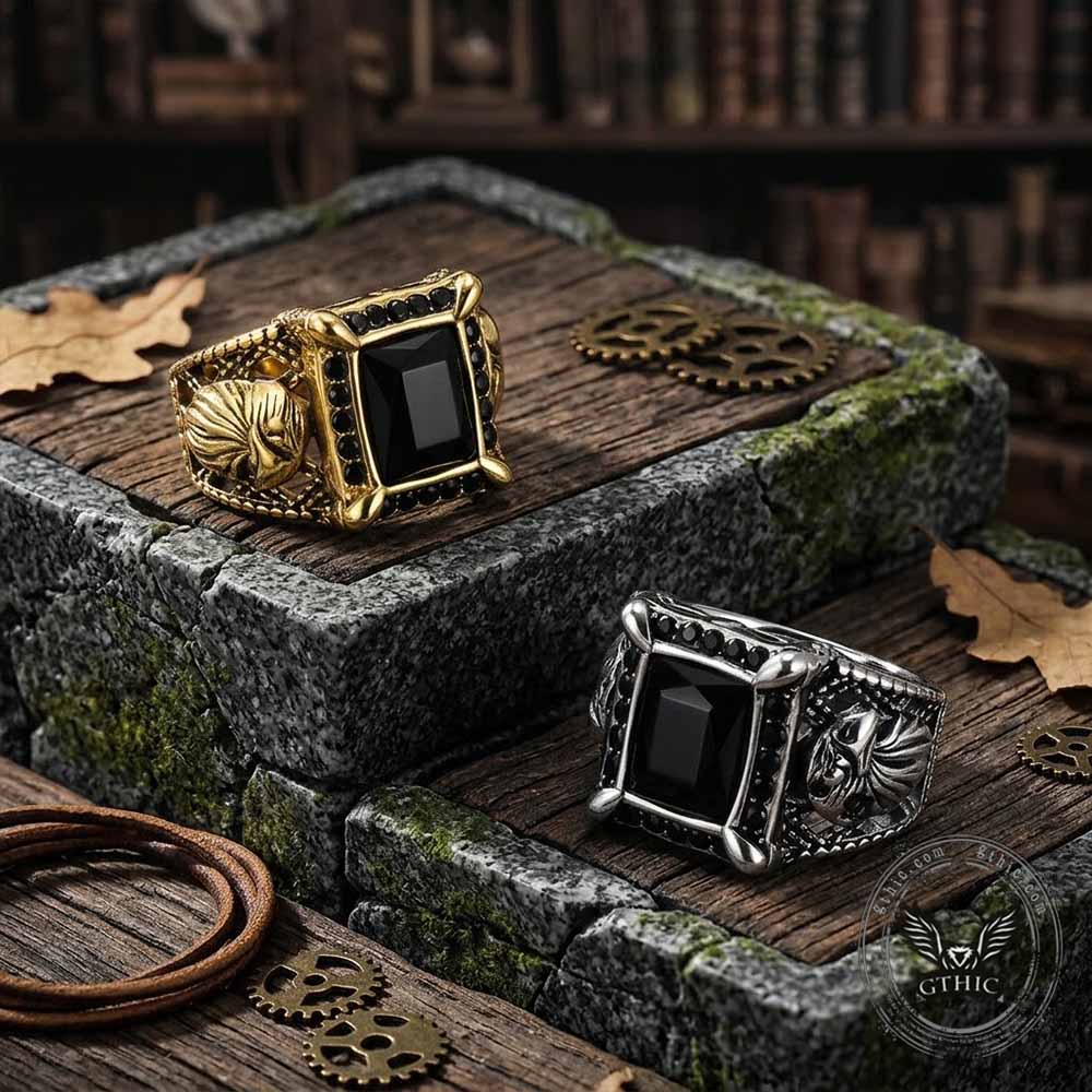 Vintage Eagle Black Square Gem Stainless Steel Ring | Gthic.com