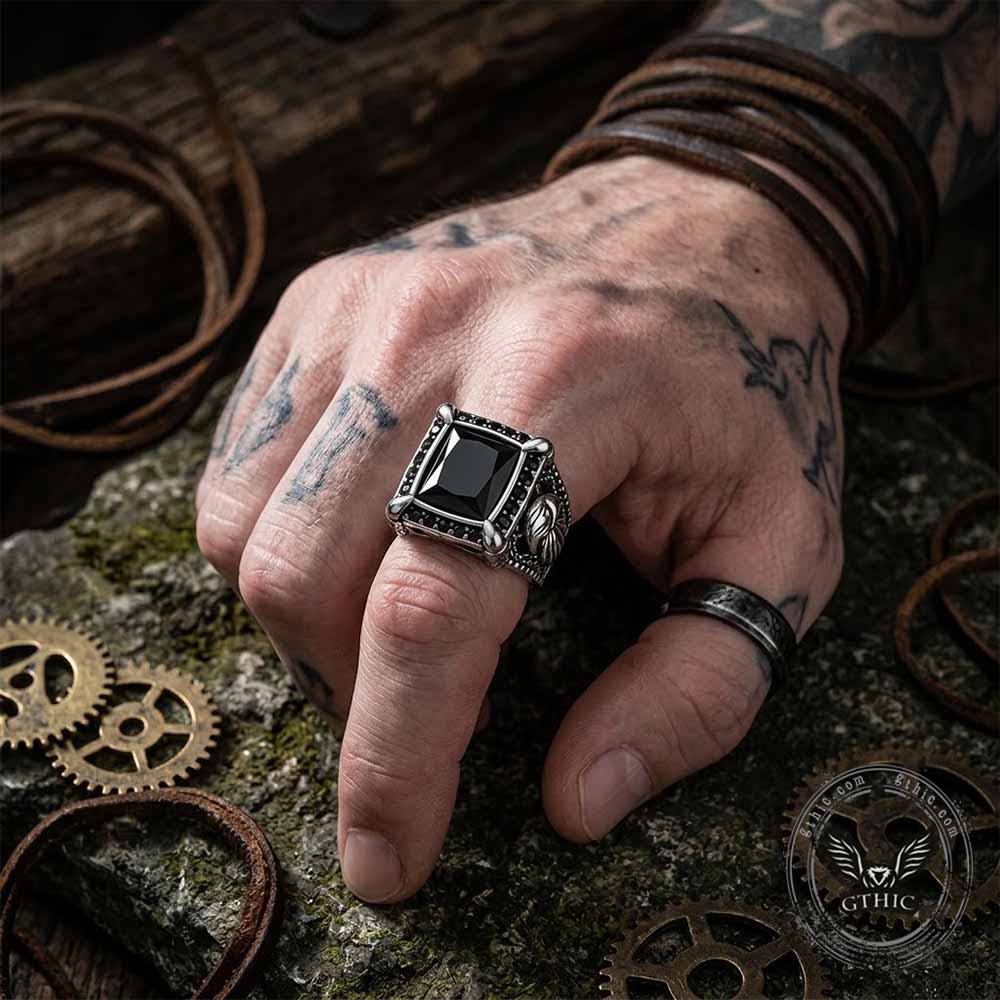 Vintage Eagle Black Square Gem Stainless Steel Ring | Gthic.com