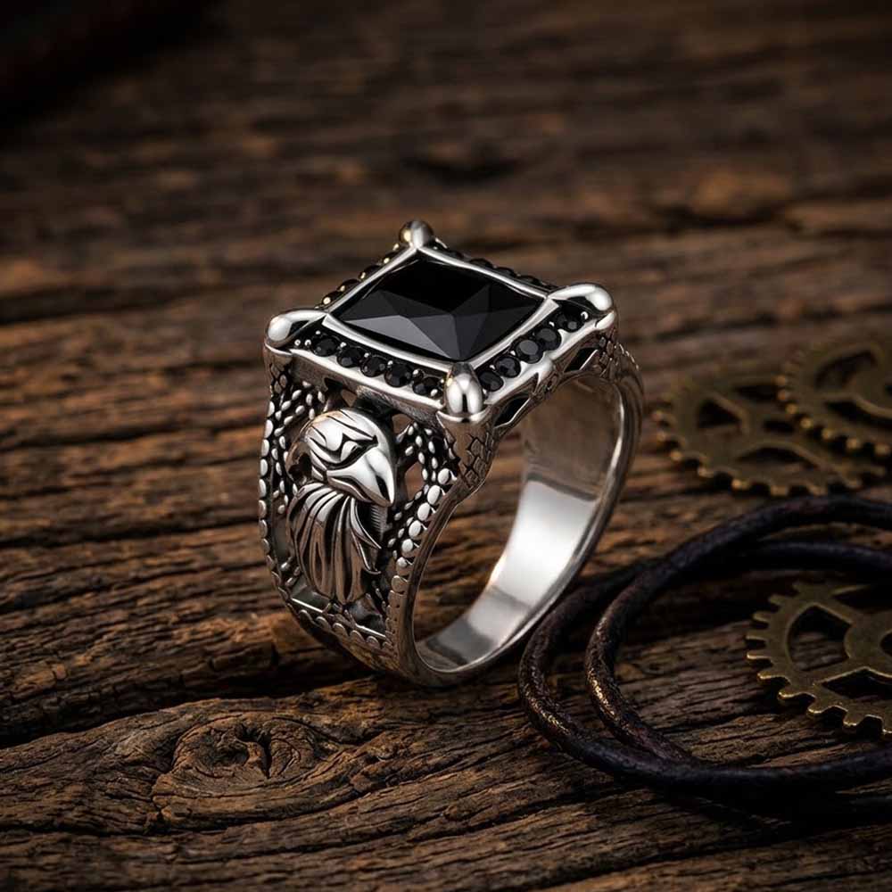 Vintage Eagle Black Square Gem Stainless Steel Ring | Gthic.com