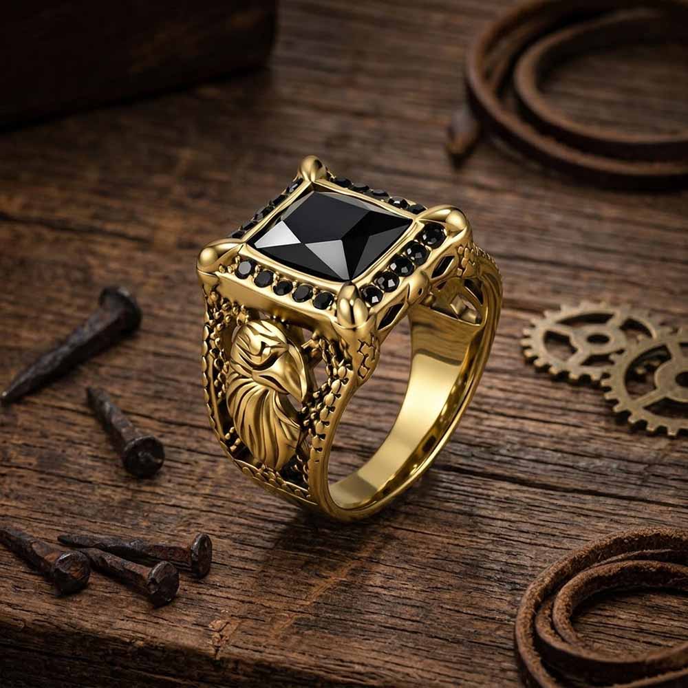 Vintage Eagle Black Square Gem Stainless Steel Ring