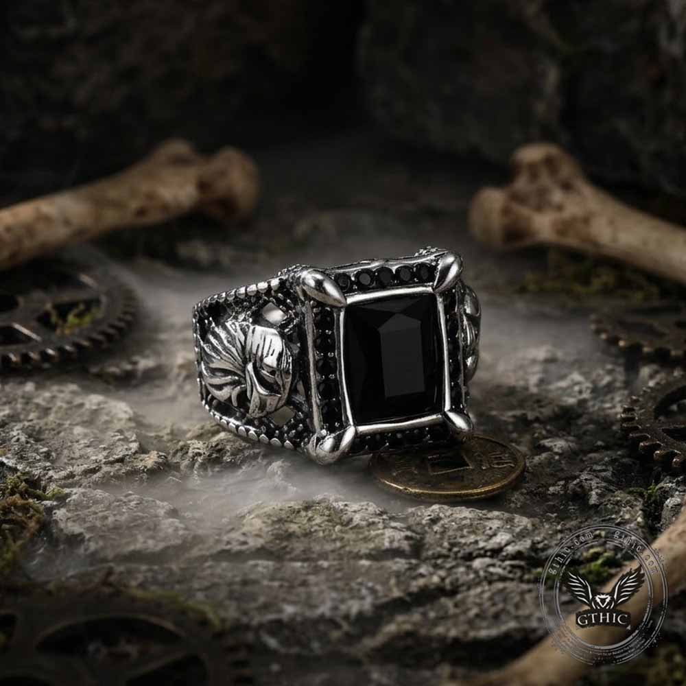 Vintage Eagle Black Square Gem Stainless Steel Ring