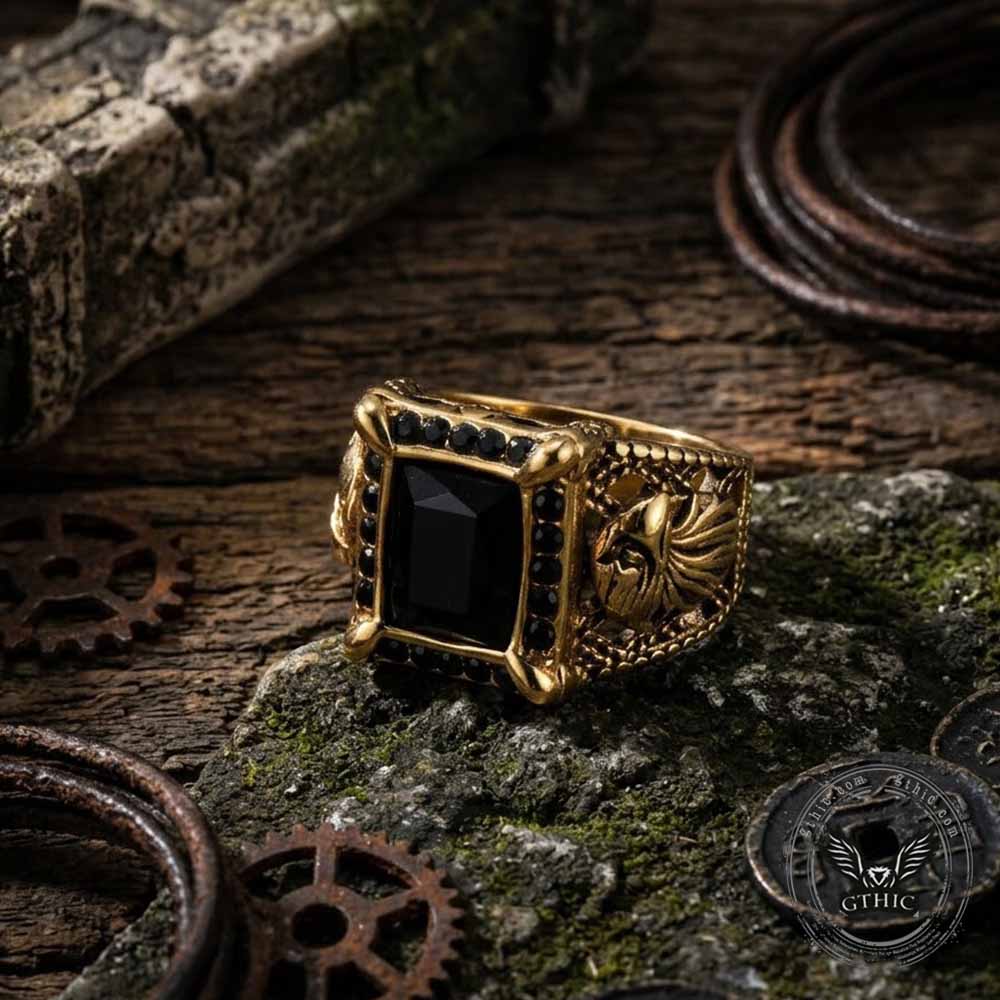 Vintage Eagle Black Square Gem Stainless Steel Ring
