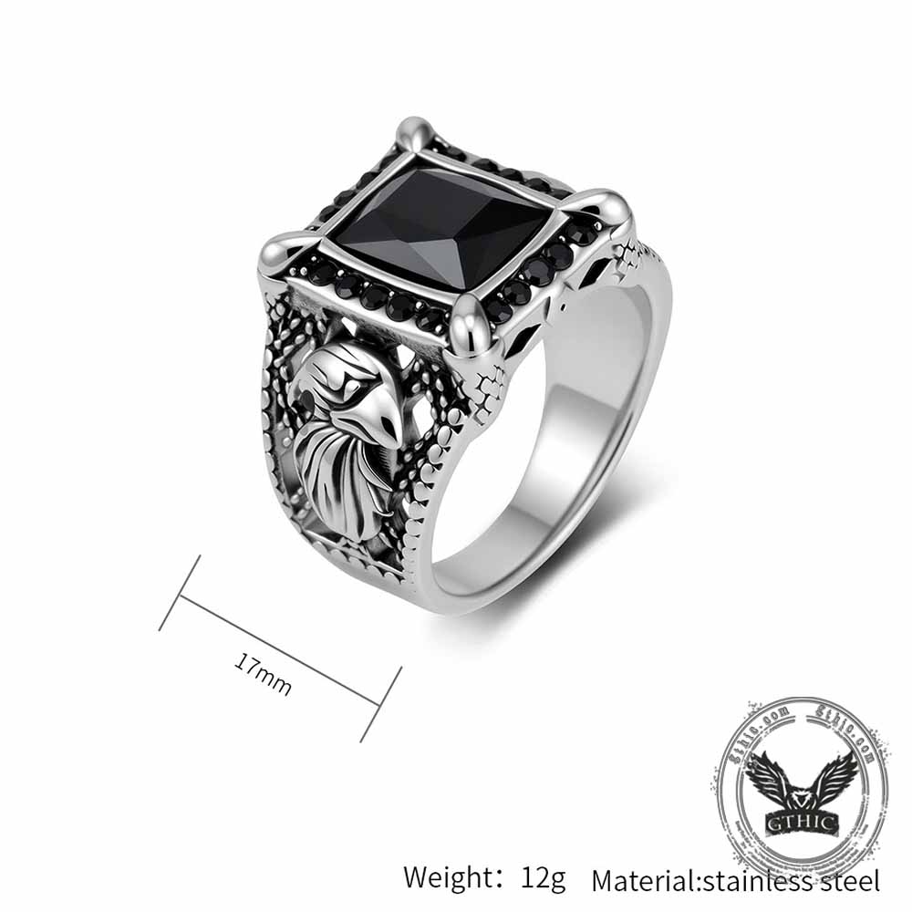 Vintage Eagle Black Square Gem Stainless Steel Ring