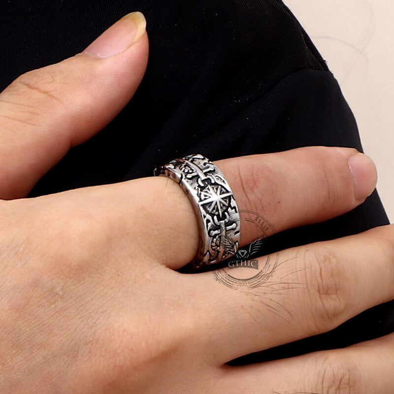 Vintage Eight-Pointed Star Pirate Anchor Stainless Steel Ring | Gthic.com