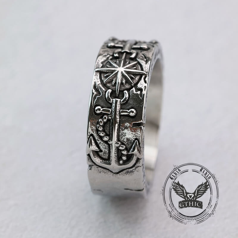 Vintage Eight-Pointed Star Pirate Anchor Stainless Steel Ring | Gthic.com