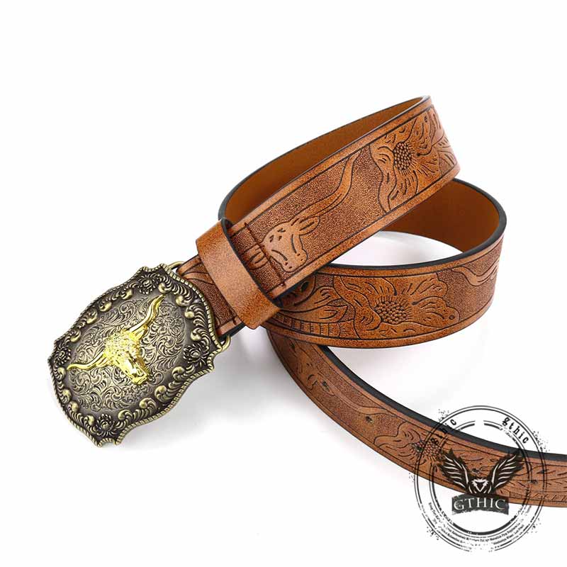 Vintage Embossed Bull Western Cowboy PU Leather Belt 02 | Gthic.com