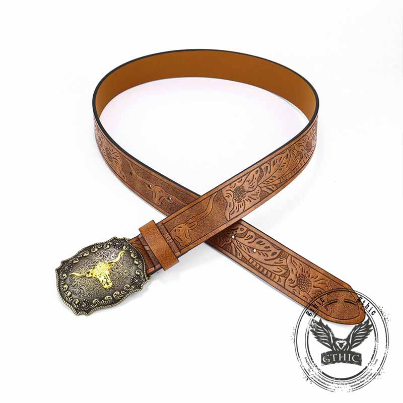 Vintage Embossed Bull Western Cowboy PU Leather Belt 03 | Gthic.com