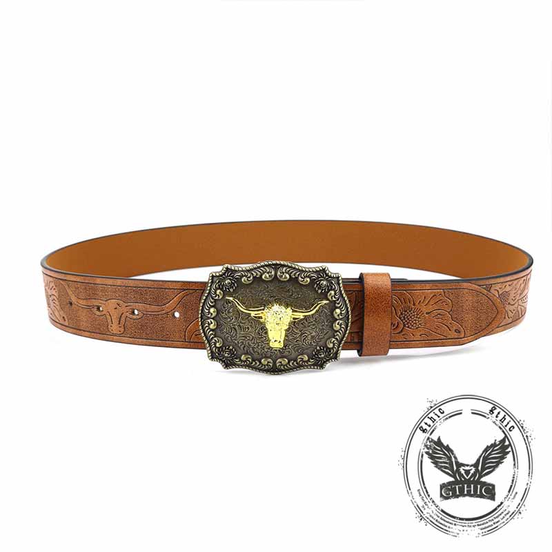 Vintage Embossed Bull Western Cowboy PU Leather Belt