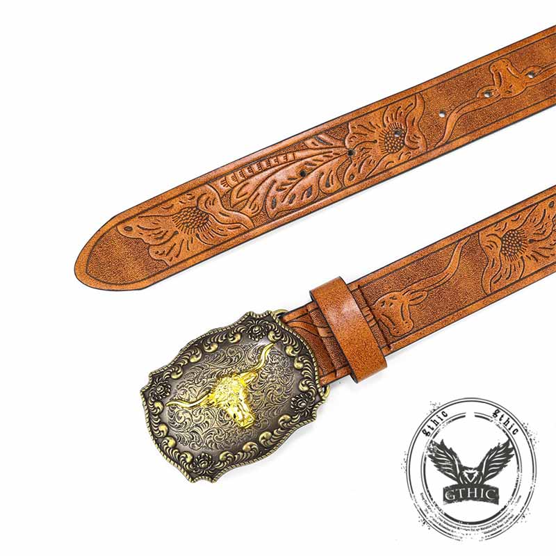 Vintage Embossed Bull Western Cowboy PU Leather Belt