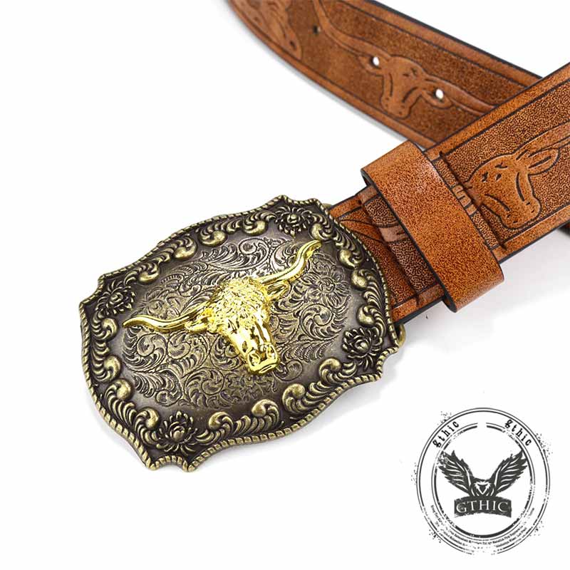 Vintage Embossed Bull Western Cowboy PU Leather Belt