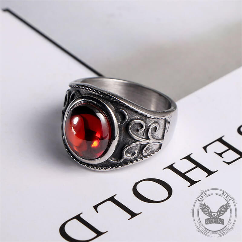Vintage Engraved Flowers Ruby Stainless Steel Ring 02 | Gthic.com