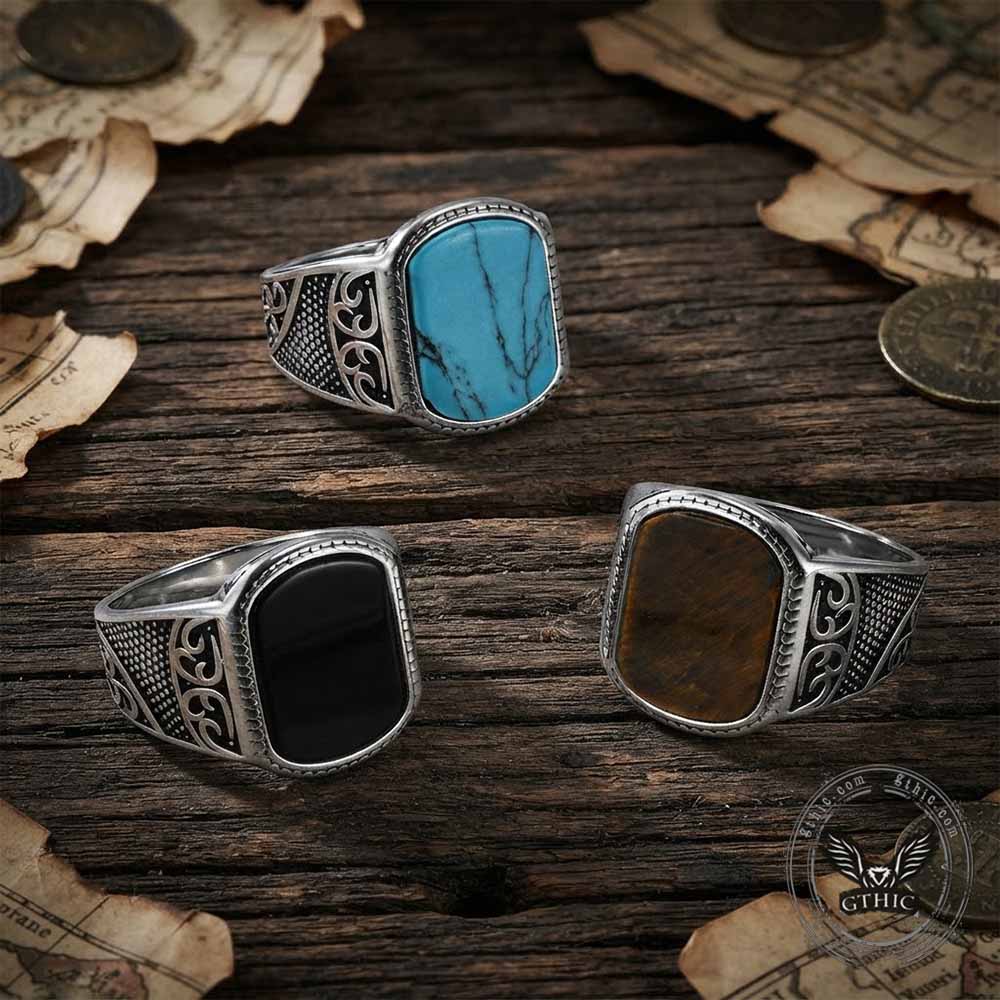 Vintage Engraved Pattern Gem Stainless Steel Ring | Gthic.com