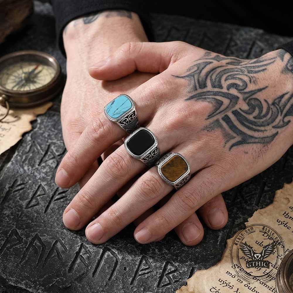 Vintage Engraved Pattern Gem Stainless Steel Ring | Gthic.com