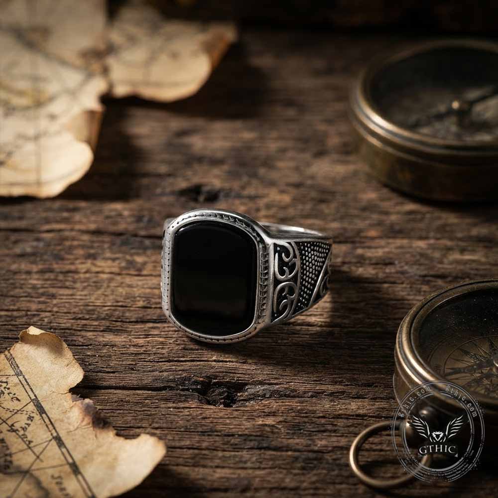 Vintage Engraved Pattern Gem Stainless Steel Ring