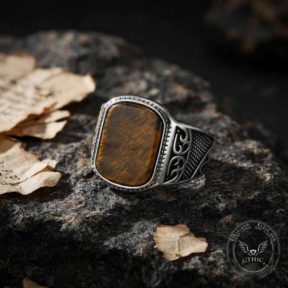 Vintage Engraved Pattern Gem Stainless Steel Ring