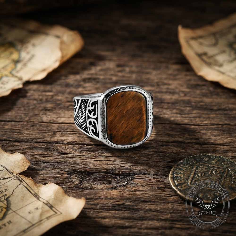 Vintage Engraved Pattern Gem Stainless Steel Ring
