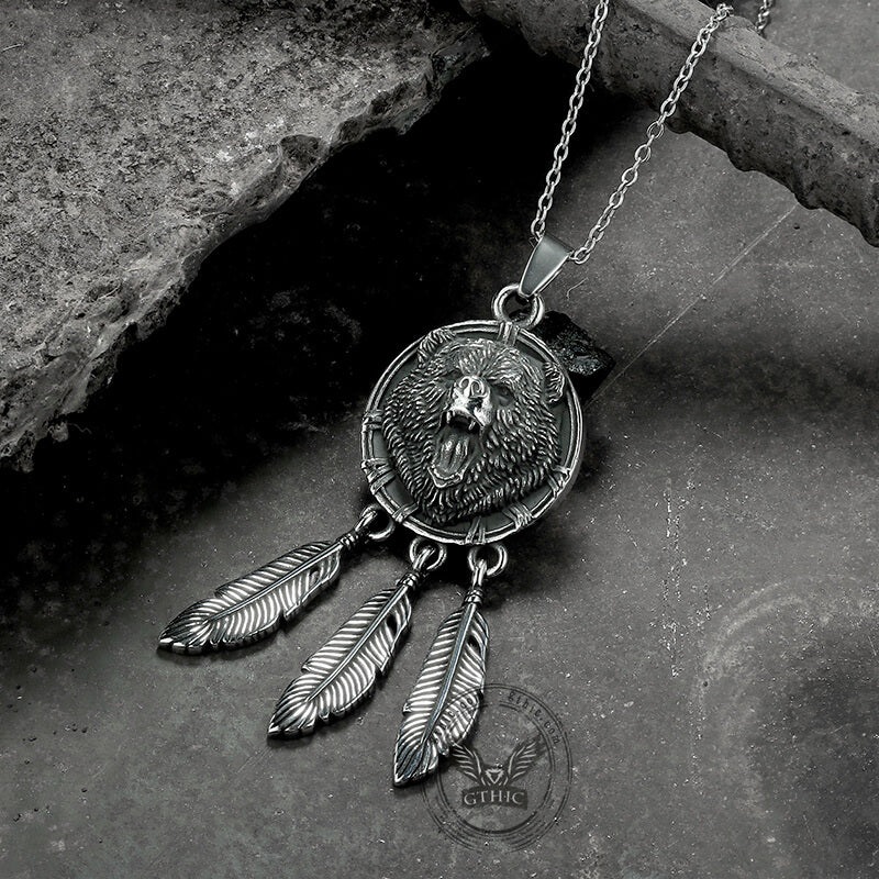 Vintage Feather Bear Head Stainless Steel Animal Pendant | Gthic.com