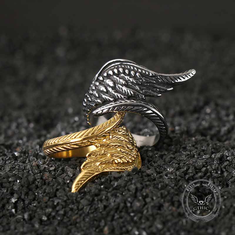 Vintage Feather Guardian Wings Stainless Steel Ring 01 | Gthic.com