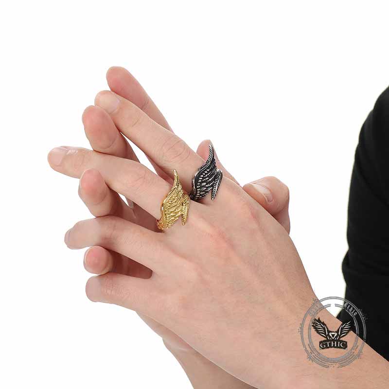 Vintage Feather Guardian Wings Stainless Steel Ring 02 | Gthic.com