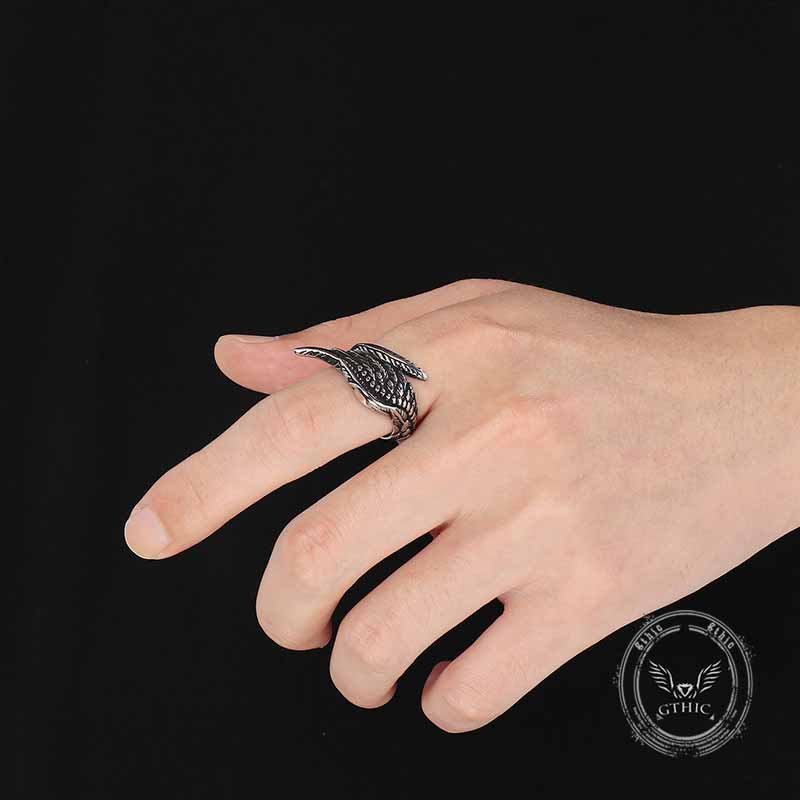 Vintage Feather Guardian Wings Stainless Steel Ring 03 | Gthic.com