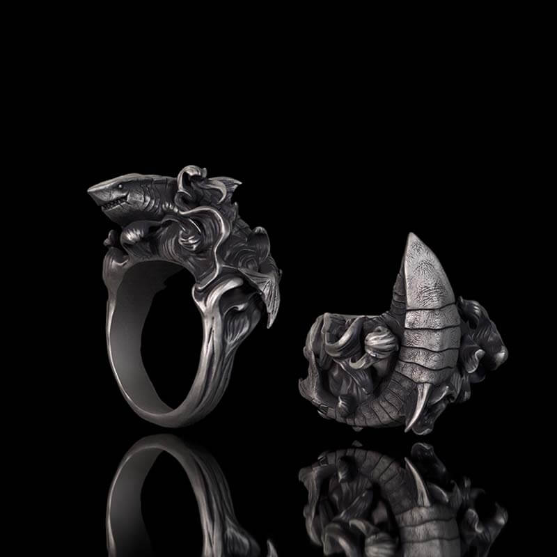 Vintage Fierce Shark Ocean Wave Sterling Silver Ring 01 | Gthic.com