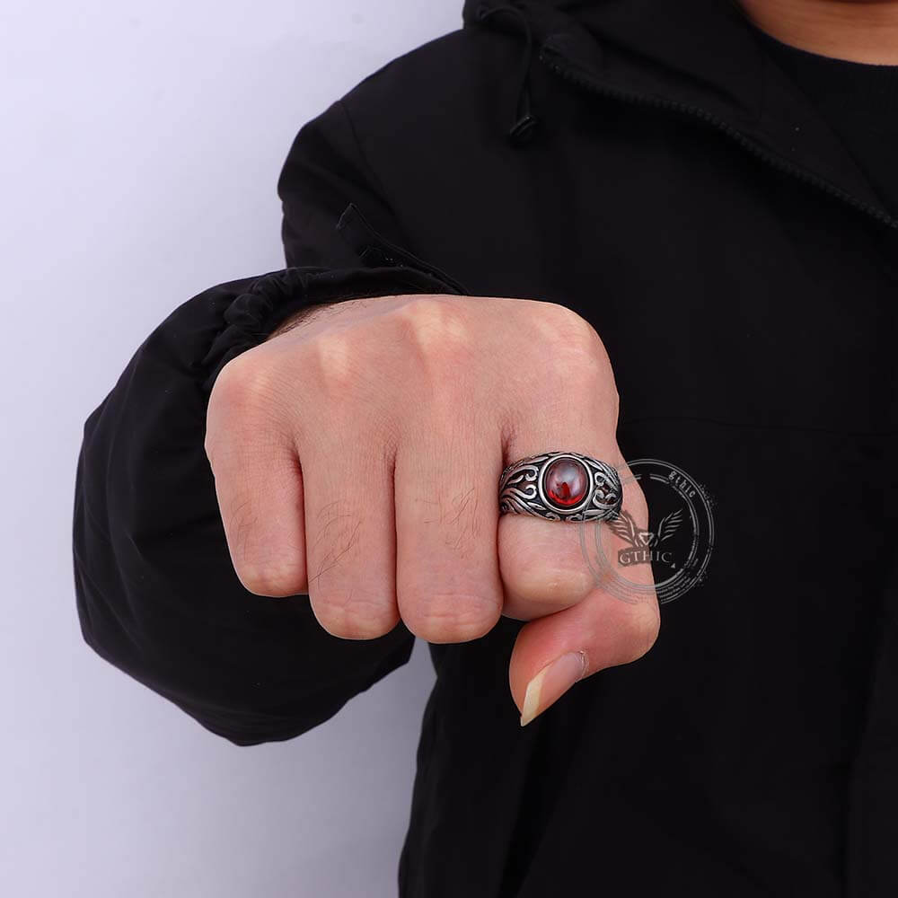 Vintage Floral Pattern Red Gem Stainless Steel Ring | Gthic.com