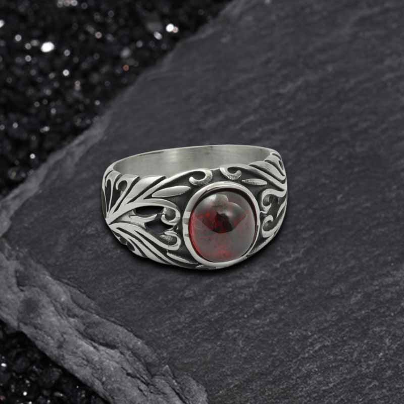 Vintage Floral Pattern Red Gem Stainless Steel Ring | Gthic.com